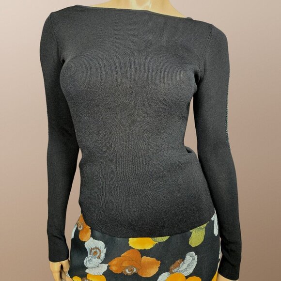 Vintage 90s Black Sweater Beaded Sleeves Size M Slim Ribbed Boat Neck Basic Top - Picture 4 of 6